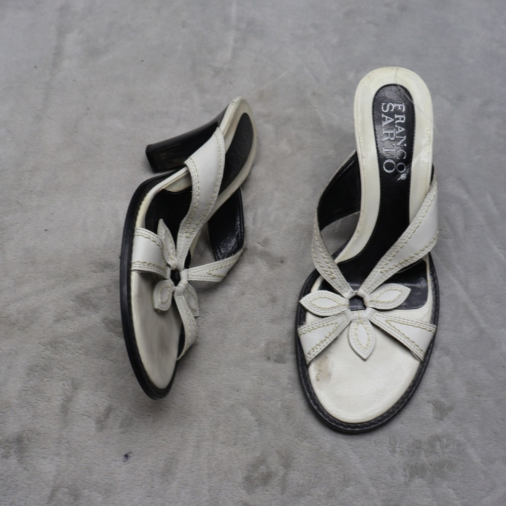 Franco‎ Sarto Women 8M Heeled Sandals White Leather Floral Retro Classic Chic
